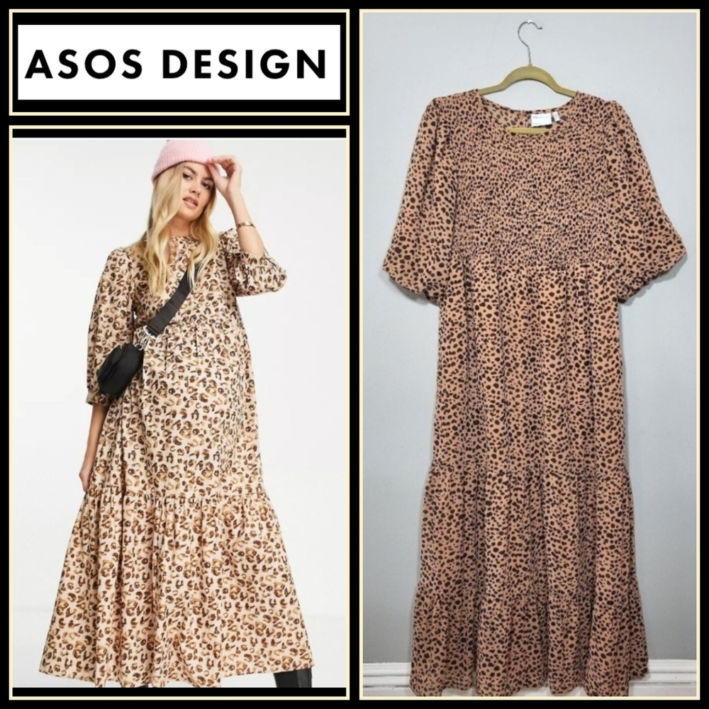 🌞ASOS Design Size 10 Maternity Cheetah Print Tiered Maxi Dress with Smocking